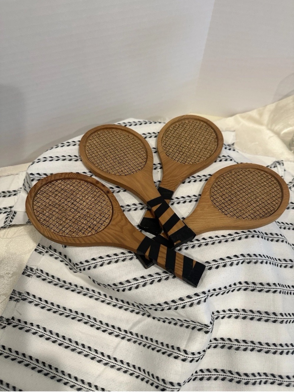 Vintage Set 4 Tennis Racket Coasters. Comes With A Little Zip Up Cover. 8” Long